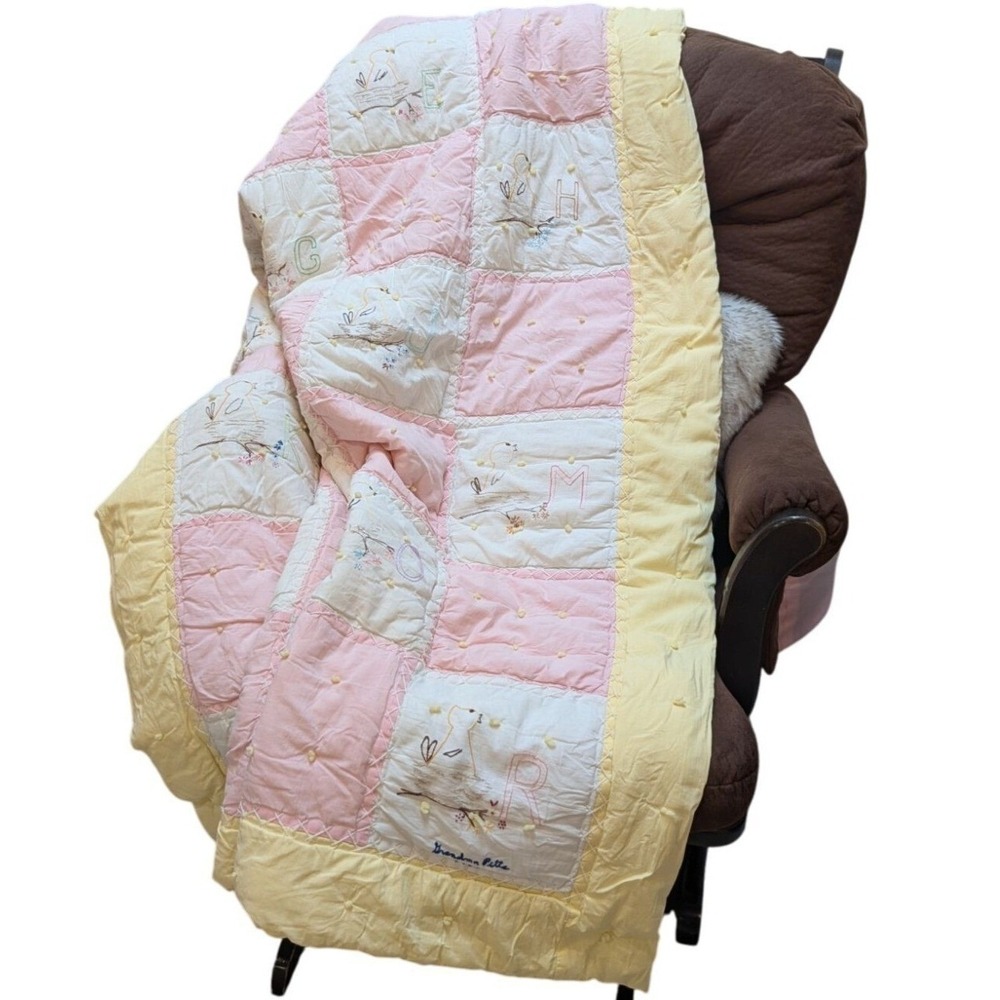 Handmade Quilt Embroidered Alphabet Birds Knots Yellow Pink 45x58‎ Baby Blanket